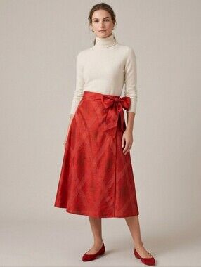 Vintage 2006 Banana Republic red plaid silk shantung midi wrap skirt 6